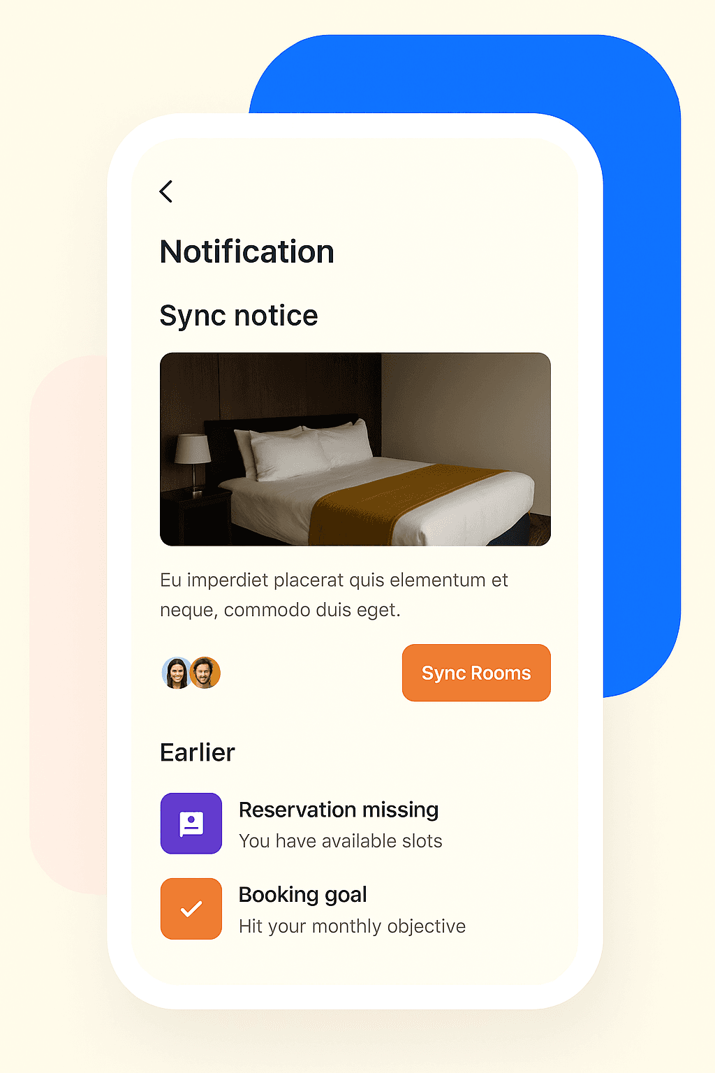Hotel booking app notification with room sync status and booking reminders